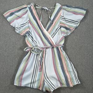 Altar'd State Stripe Romper Flutter Sleeve Size Small Belted V-Neck Blue Pink